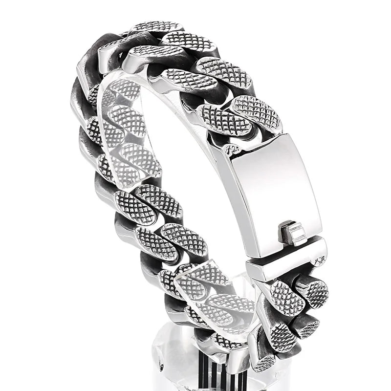 REBEL Trendy Fine Jewelry Fashion Bracelets Men Stainless Steel Tire Mark Cuban Links Bangle Bracelet