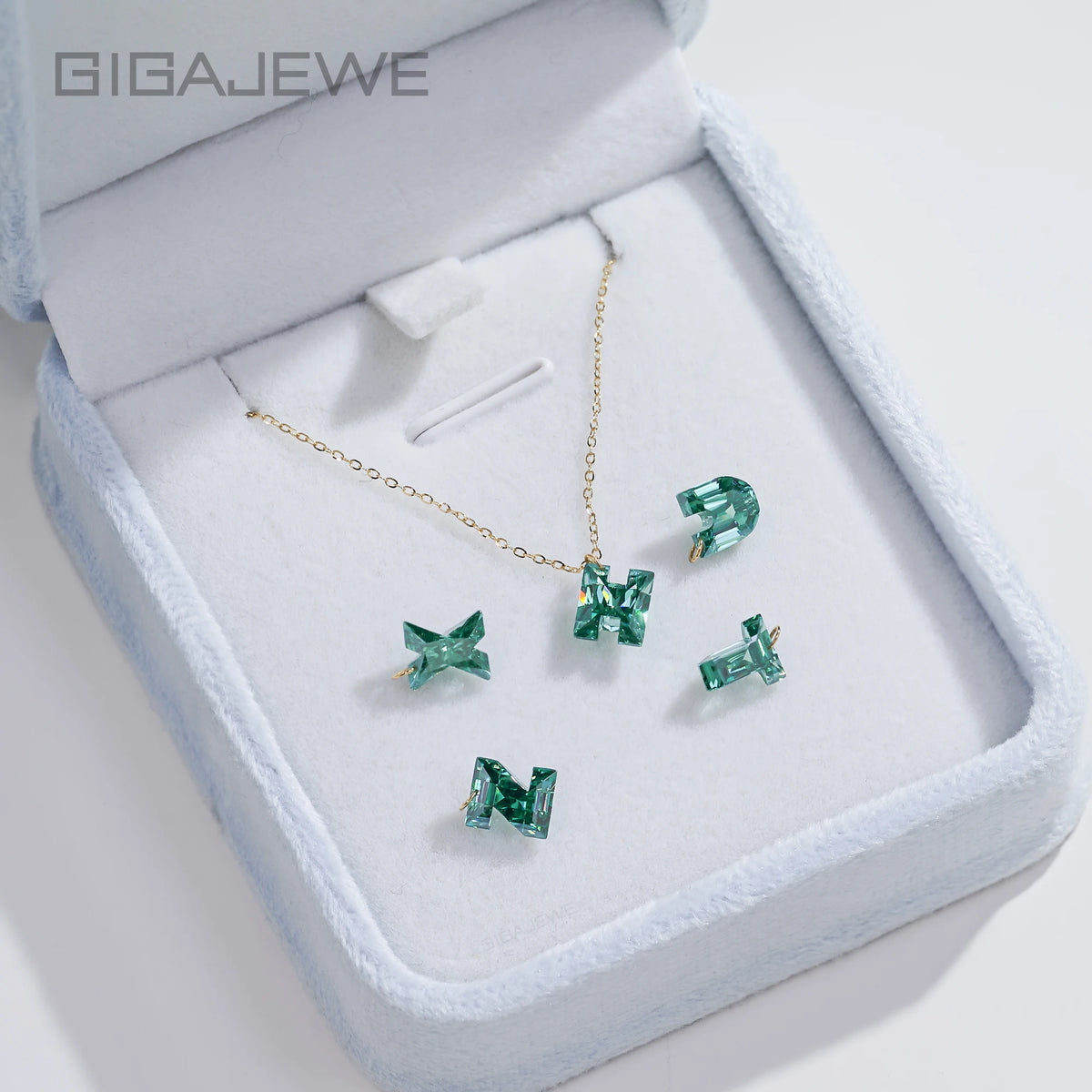 GIGAJEWE 14K Solid Gold Initial Alphabet Moissanite Necklace Custom 1ct Green Letter Pendant Charm A-Z Personalized Jewelry
