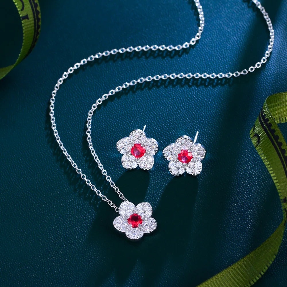 S&S Flower CZ Necklace & Earrings Set – Red, Blue, White & Green – Collection