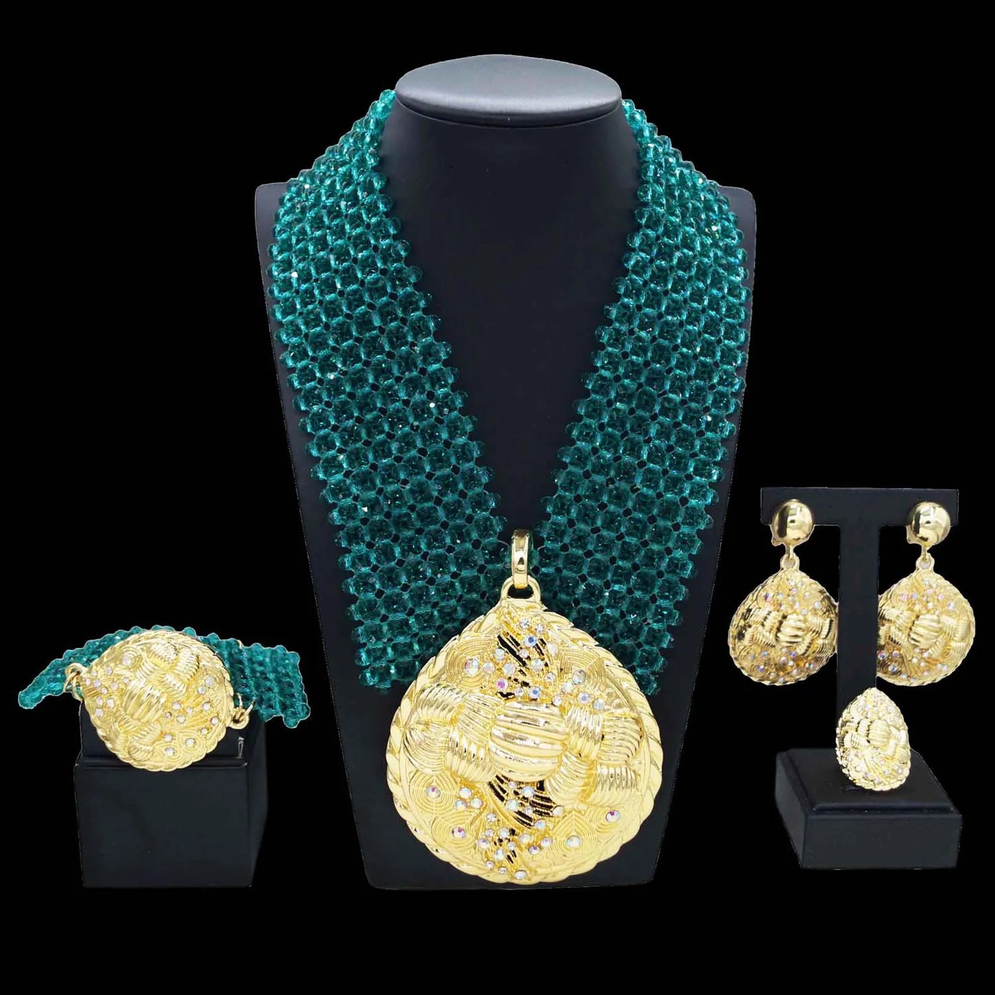 Zhuerrui Favors Women's Gold Jewelry Sets Blue Pearl Necklace Bracelet Jewelry Set Beautiful Bridal Costume Accessories H40034
