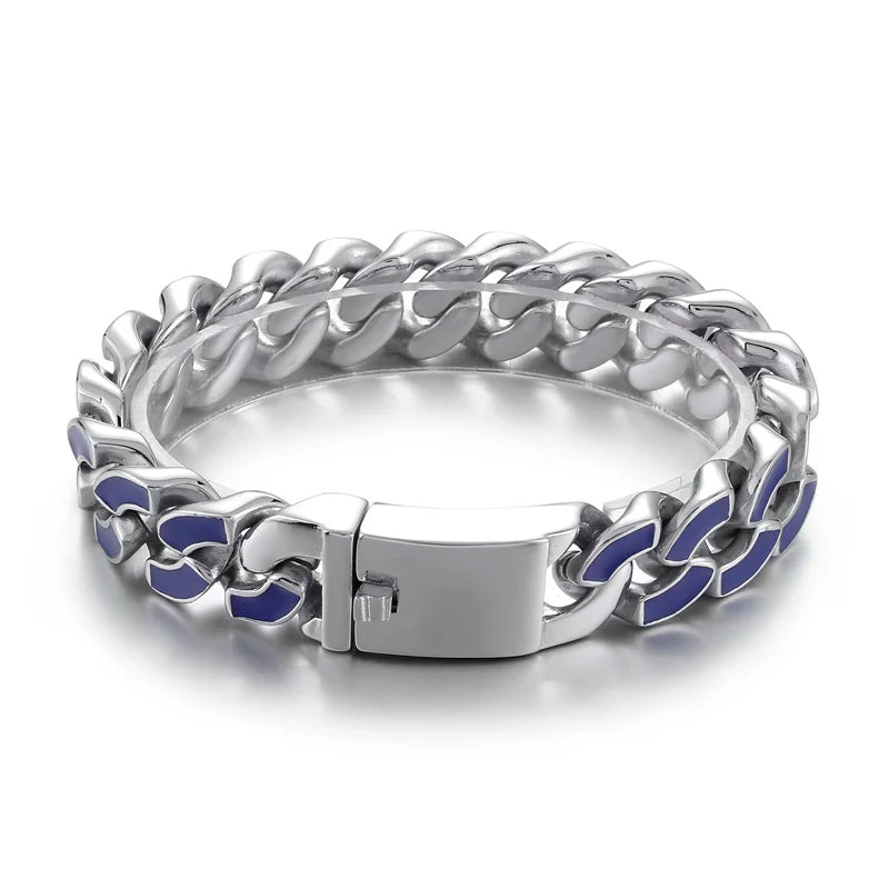 KALEN 220mm Men Stainless Steel&Red/Blue Enamel Cuban Links Chain Bracelet