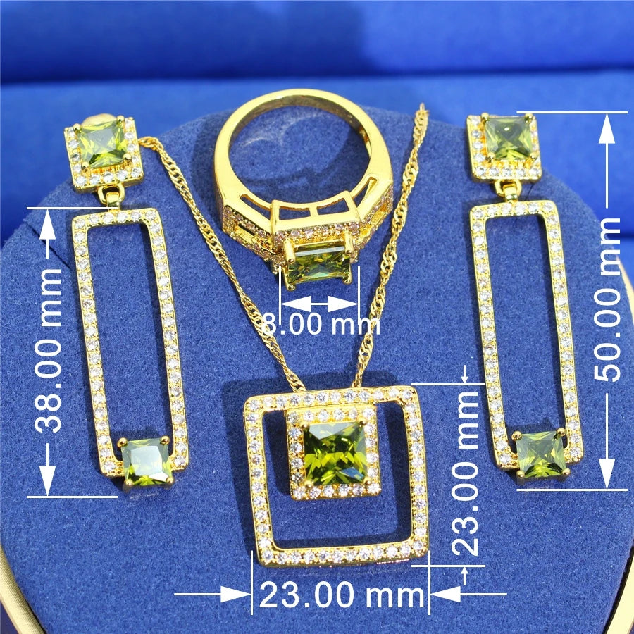 XOTICA 18K Gold Plated Unique Jewelry Sets for Women Wedding Olive Green Zirconia Earrings Necklace Pendant Ring Dating Gifts