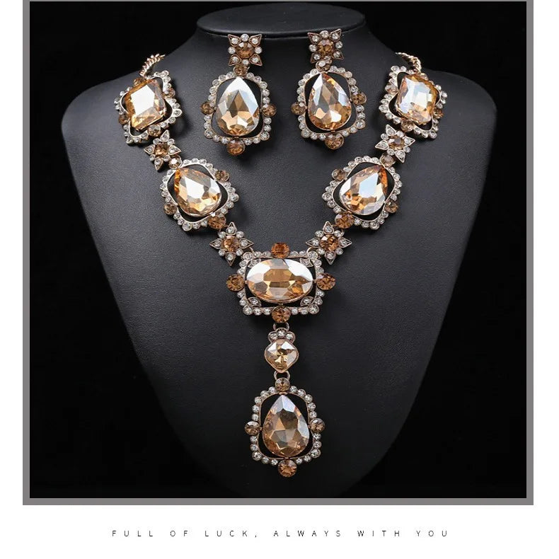 Crystal & Rhinestone Statement Necklace & Earrings Jewellery Set | Bold Retro Glam Fashion Set