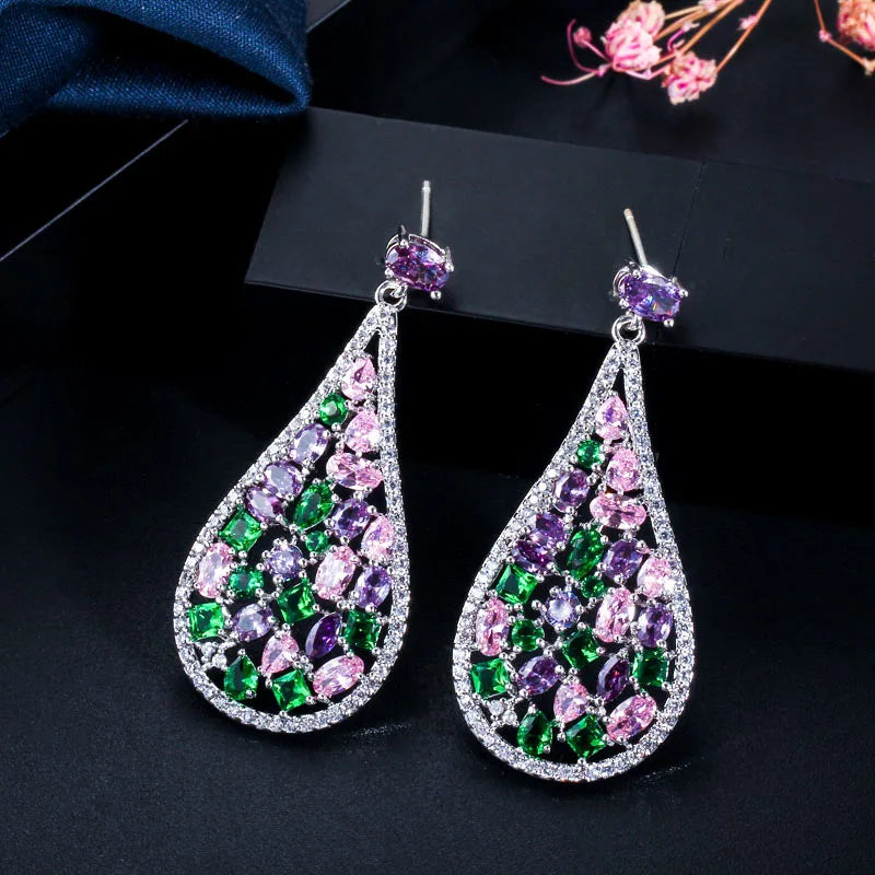 S&S Purple CZ Water Drop Dangle Earrings – Multi-Shape – 925 Silver Pin – Rhodium Plated – Collection