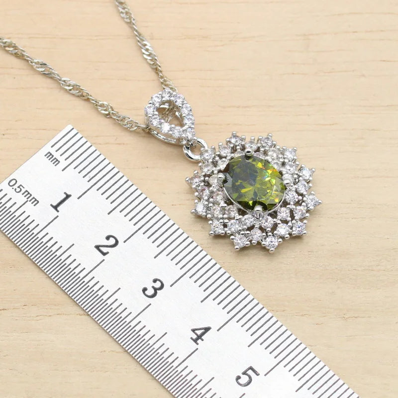 XOTICA Green Peridot Silver Jewelry Set for Women Including Bracelet Earrings Necklace Pendant Ring for Wedding Valentine's Day Zircon