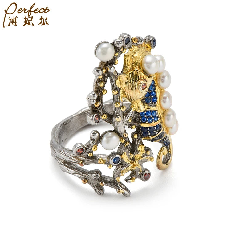 Fashionable Original Design Elegant Sea Horse Design Fashion Button Pearl Silver Wedding Ring