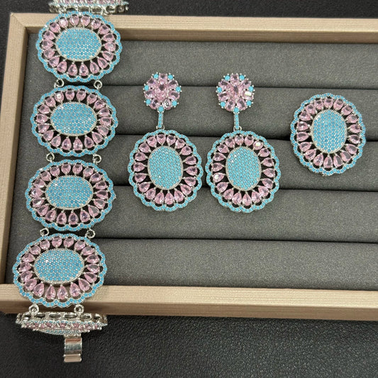 XOTICA TIANSHE French Bride Gets Married, Jewelry Girl Blue Turquoise Zircon Crystal 3pcs Set Mom's Birthday Gift