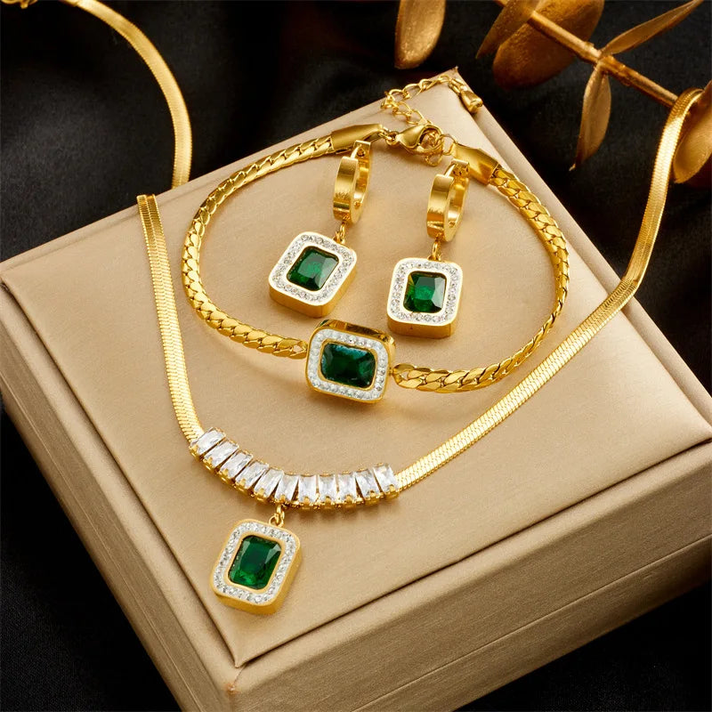 Gold Green Crystal Geometric Necklace, Earrings & Bracelet Jewellery Set | Bold Luxury Set