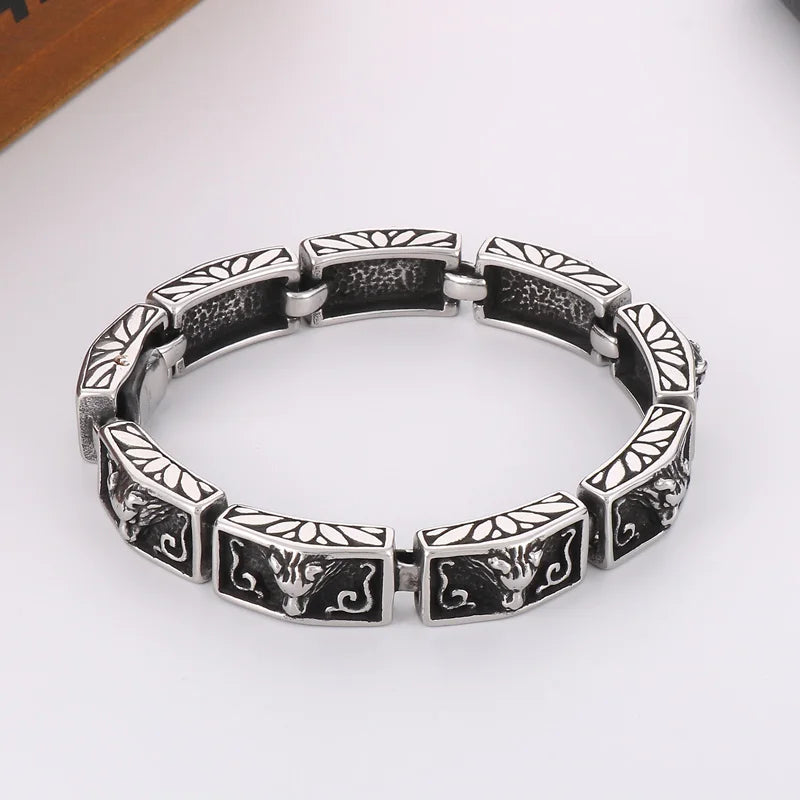 KALEN 215mm Men Punk Stainless Steel Rectangular Links Bracelet With Wolf Head Patterns