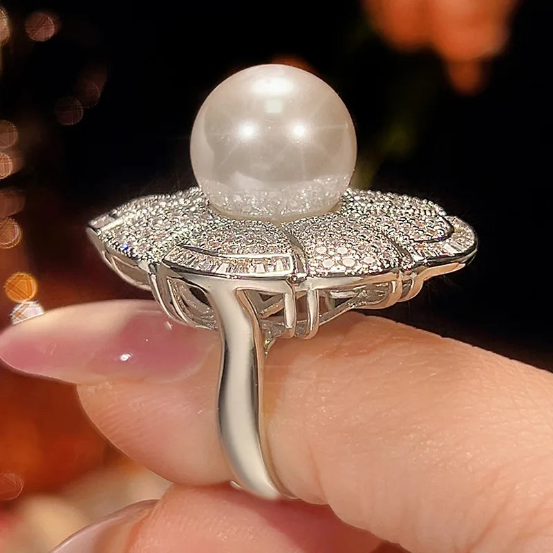 REDheart Women's Trendy Flower Design Atmospheric Petals Inlaid Zircon Movable Opening Ring Copper 18K Gold Plated White Pearl Set