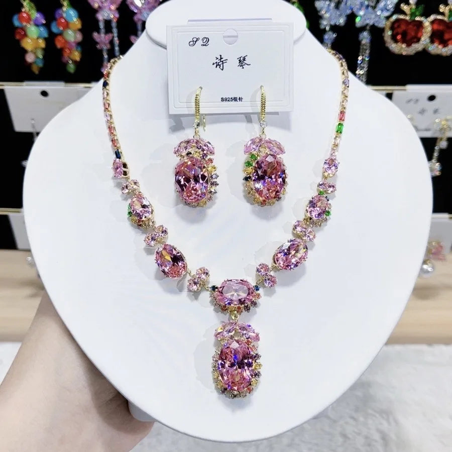 K055 High End Trendy Luxury Exquisite Multi Zircon Necklace and Earrings Set Women Elegant Jewelry Set for Party
