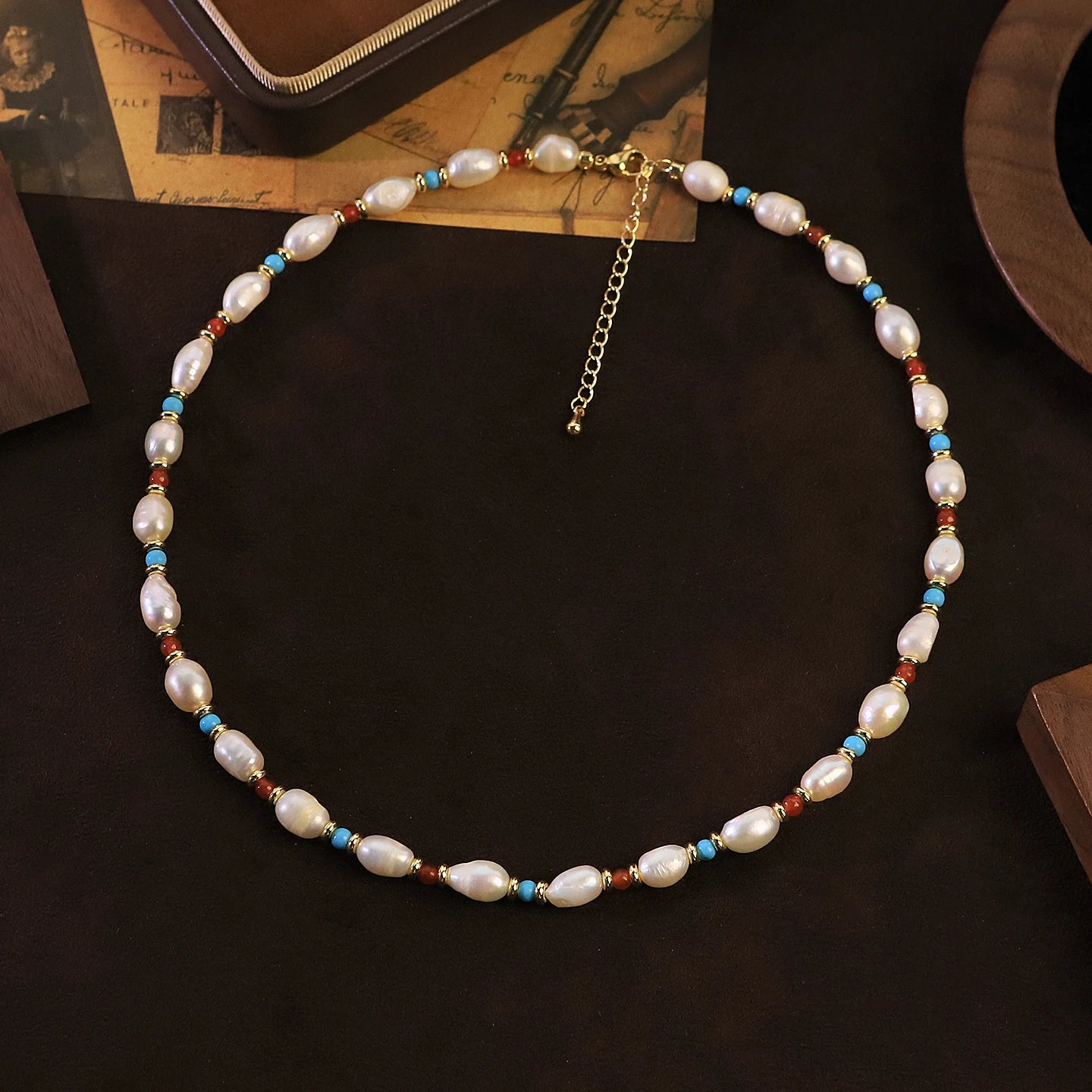 Natural Freshwater Pearl Turquoise Coral Beaded Necklace for Women Daily Party Wedding Vacation Dainty Necklace Bohemian Jewelry