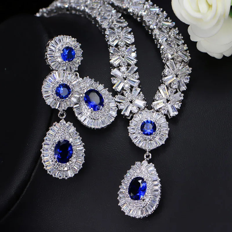 Popular American Style Full Cubic Zircon Inlay Water Drop Shape Pendant Wedding Bridal Jewelry Set for Women Honorable Jewelry