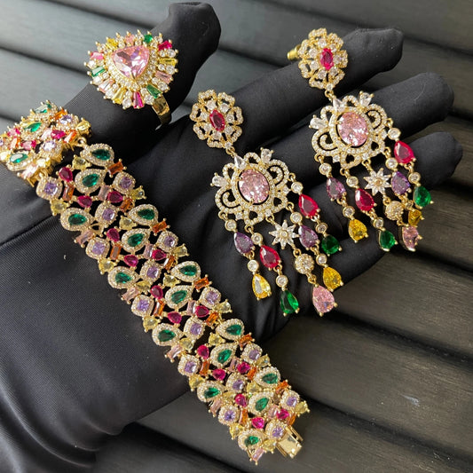 TIANSHE Indian Luxury Colorful Zircon Jewelry Set Gold Plated Wide Bracelet Long Tassel Drop Earrings & Flower Ring