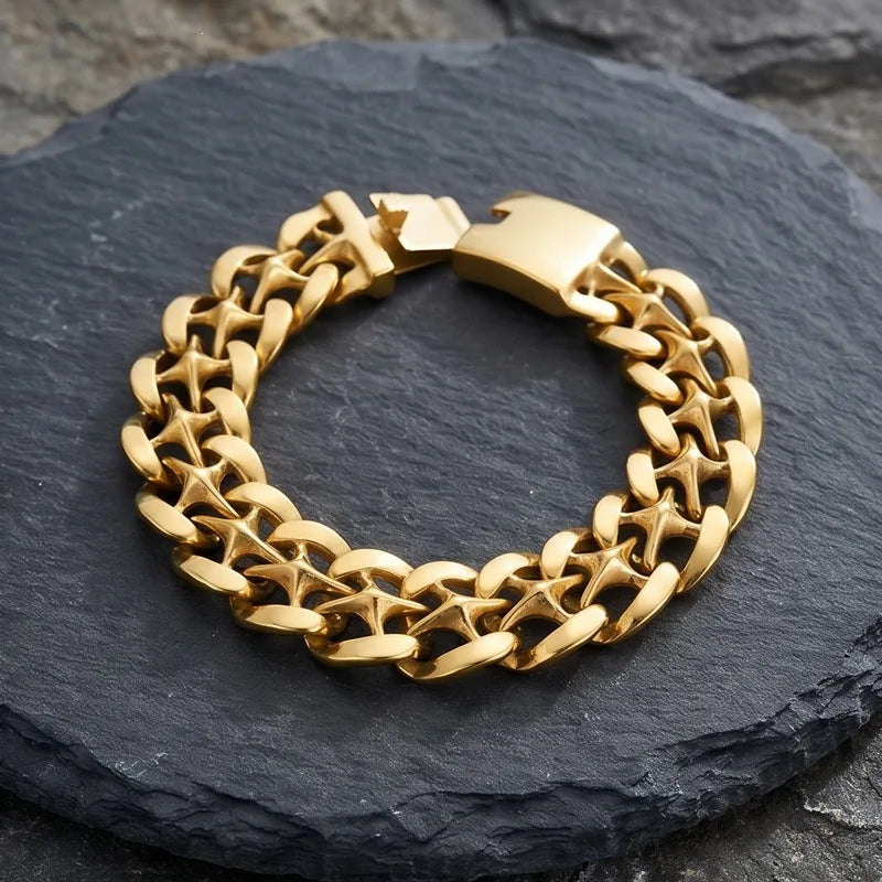 Kalen Hip Hop Rock Street Hand Jewelry 19mm X Hollow Cuban Link Chain Domineering Stainless Steel Bracelet for Men