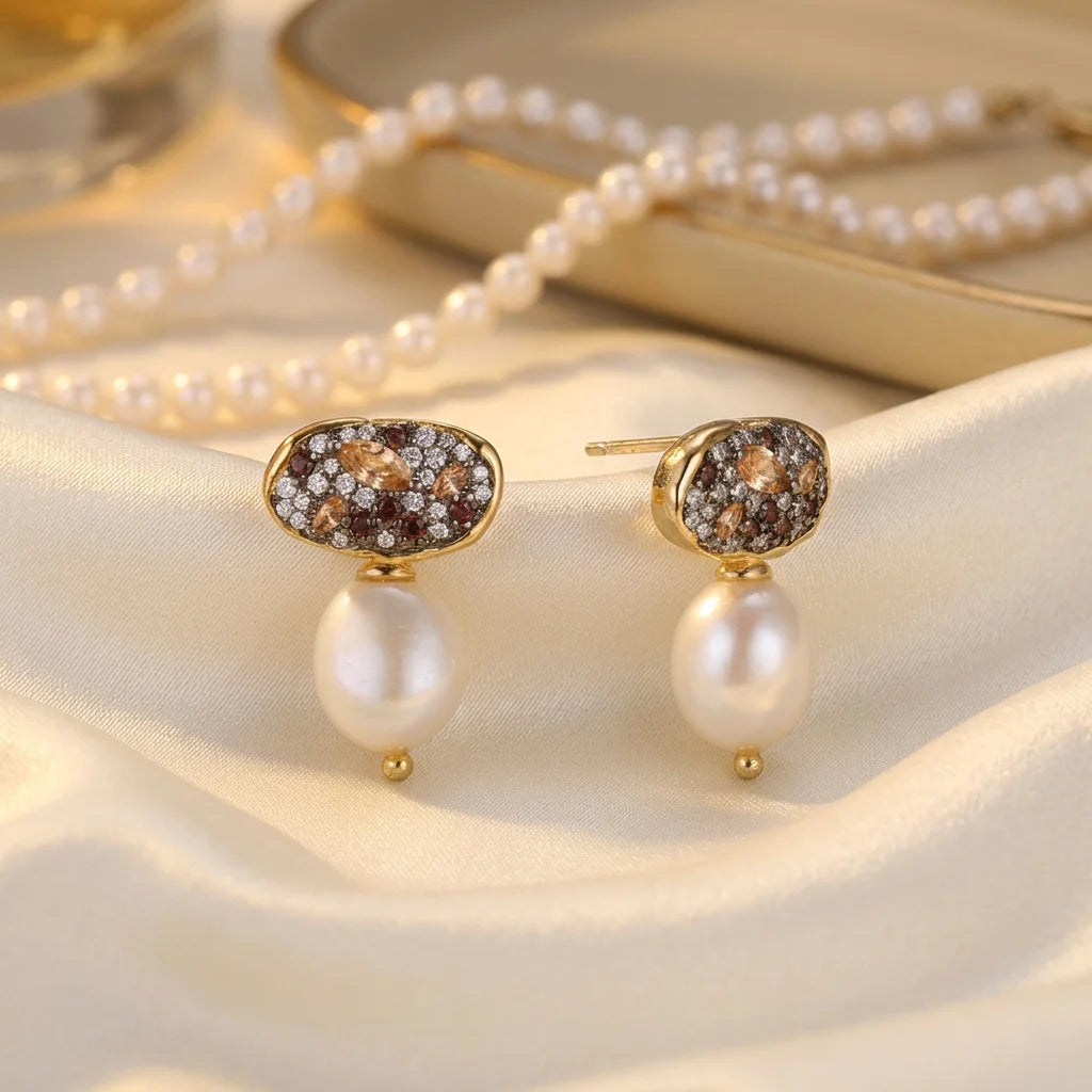 2023 Fashion Jewelry 18K Gold Plated 925 Sterling Silver Women's Baroque Freshwater Pearl Pendant Earrings-Gift