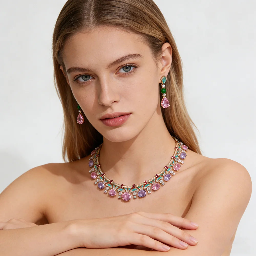 XM S199 Copper Platinum Plated Zircon Enamel Choker Necklace and Drop Earrings Set for Women Wedding Engagement Anniversary