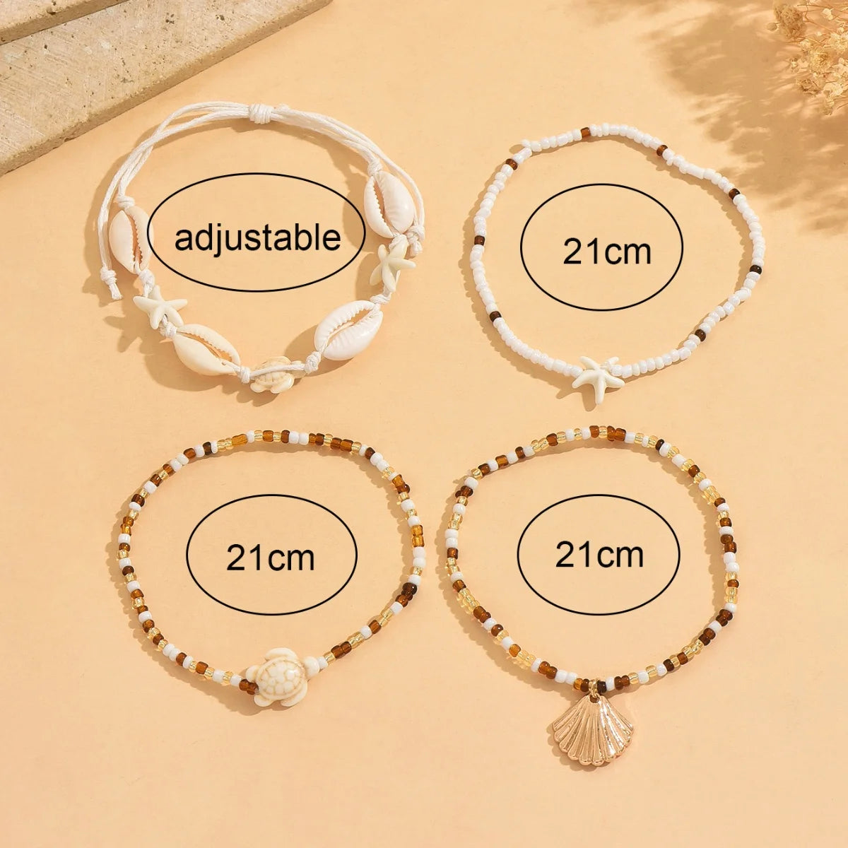 New Bohemian 4pcs/set Adjustable Foot Chain Anklet Resin Starfish Sea Turtle Shell Strands Alloy Jewelry for Beach Vacation Gift