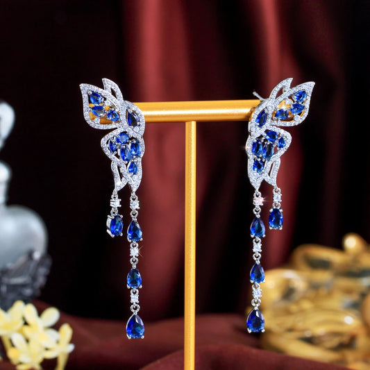 Pretty Royal Blue CZ Zirconia Symmetrical Wing Butterfly Shape Wedding Dangle Drop Earrings for Women Special Occasions Jewelry