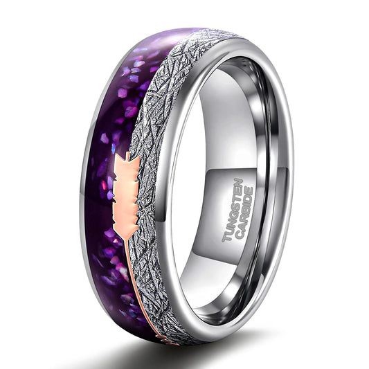 REBEL OAHLAN 8mm Rose Gold Arrow Purple Agate and Meteorite Domed Ring Men Women Wedding Engagement Bands High Polish Tungsten Ring