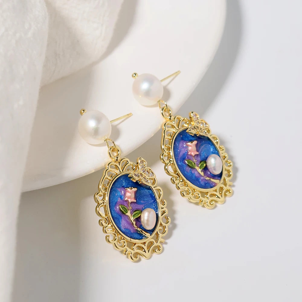 Natural Freshwater Pearl Oil Painting Butterfly Earrings Korean Style Women Luxury Jewelry Fashion Ladies and Girls Gift GE1569