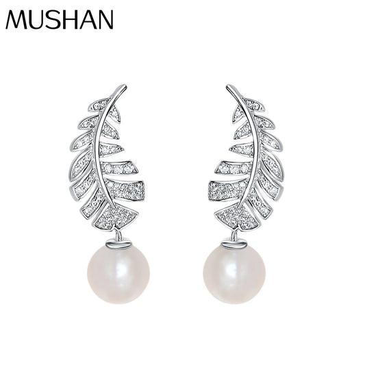 MUSHAN Jewelry Factory Feather Personality and Temperament Women 8mm White Beaded Earrings High Carbon Diamond Earrings