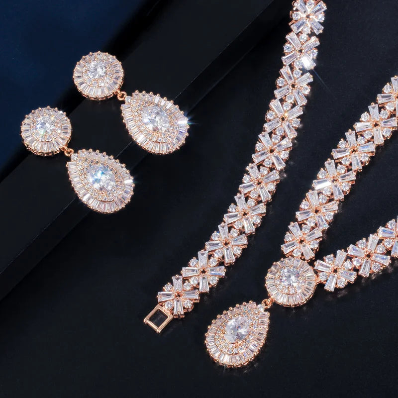 Shiny Luxury Dubai Gold Plated Jewelry Sets Cubic Zircon Big Water Drop Earrings Necklace Bracelet for Ladies Wedding Bridal