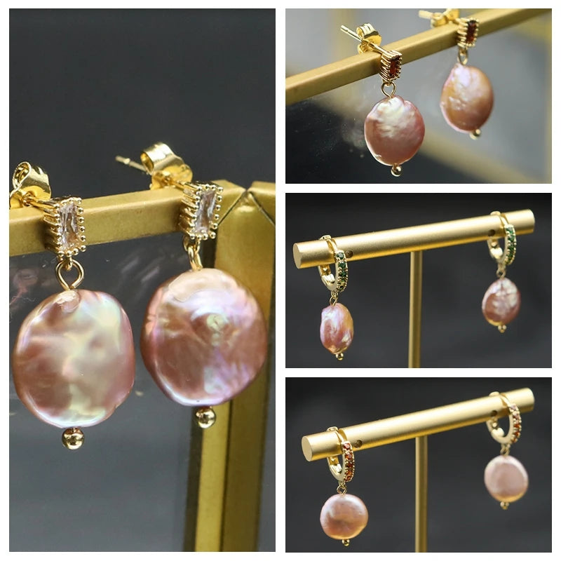 925 Silver High Sense Simple Pink Baroque Pearl Elegance Drop Earrings White Zircon for Women Fashion Wedding Jewelry