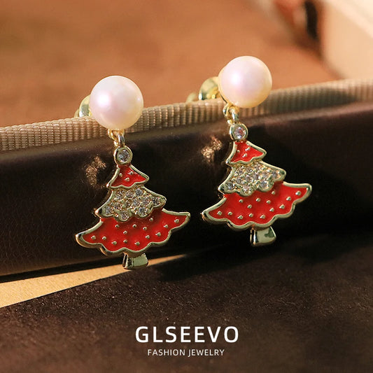 Natural Freshwater Pearl Red Tree-Like Dangle Earrings New in Earrings Gift for Women Girl Christmas Holiday Jewelry GE1744