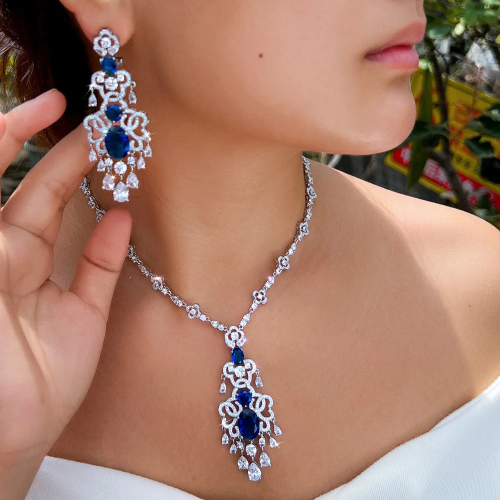 Top Quality Royal Blue Cubic Zirconia African Long Big Statement Necklace Earrings 2Pcs Sets for Women Evening Party Jewelry