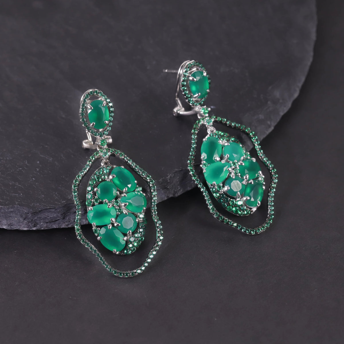S&S Green Agate & Emerald Nano Fine Jewellery Set | 925 Silver Rhodium Plated | Oval Cut | S&S Collection