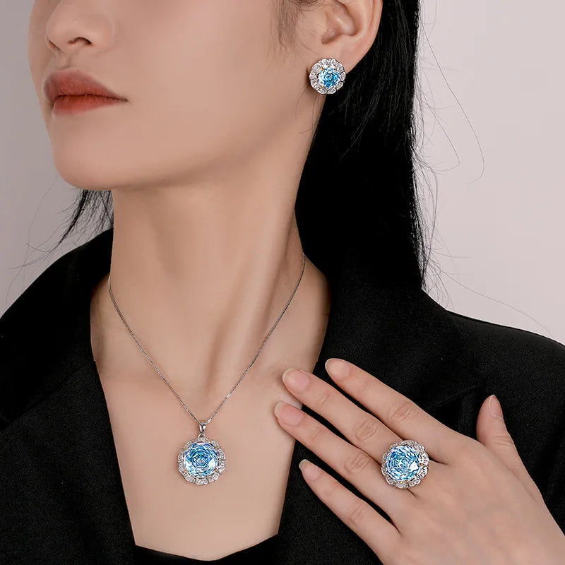 Gemfiori New Women's Fashion Jewelry Necklace Ring Earstuds Copper Gold Plated Rose Cutting Sea Blue Temperament Light Luxury Set