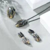 ArtistA C8206 Abding Black Gun Plated 925 Sterling Silver Elegant Sky Blue Topaz Gemstone Jewellery Set Big Drop Earrings Pendant Ring