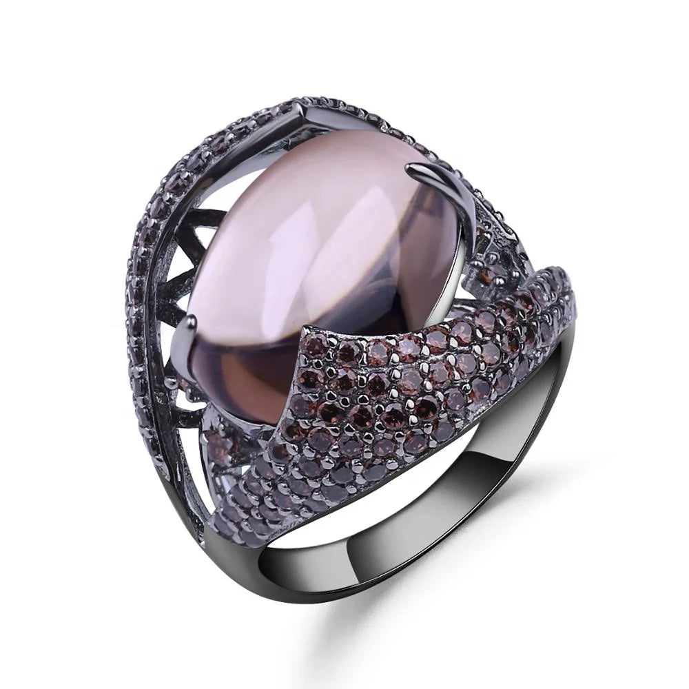 ArtistA Abiding 925 Sterling Silver Vintage Black Gunmetal Plated Natural Smoky Quartz Ring Earring Necklace Jewelry Set for Wedding