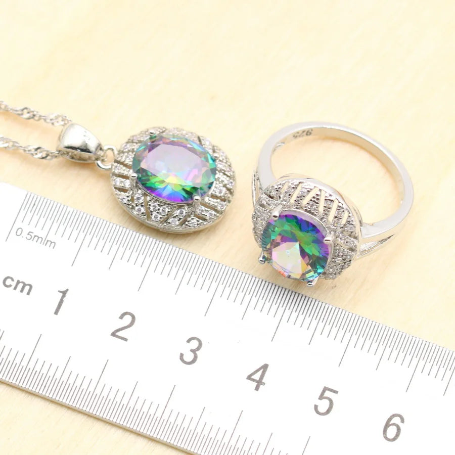 XOTICA 925 Silver Jewelry Sets for Women Rainbow Zirconia Bracelet Earrings Rings Necklace Pendant with Clip for Wedding Party Gift