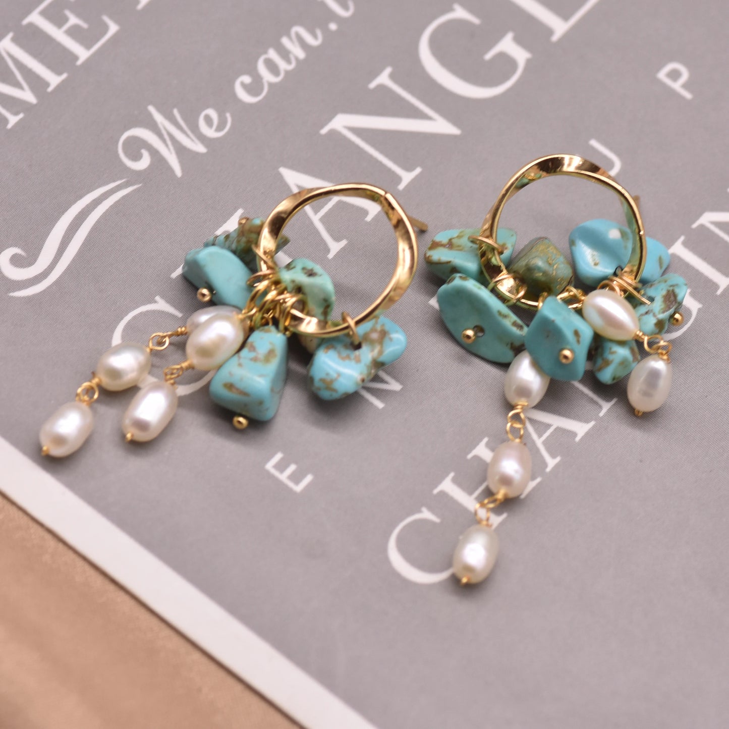 Handmade Earrings Natural Freshwater Pearl Turquoise Drop Earrings Ear Pin Material Bohemian Jewelry