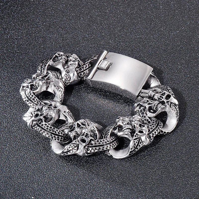 KALEN Mens Punk Style Fine Jewelry Fashion Bracelets Stainless Steel Bold Skull Links Bracelet