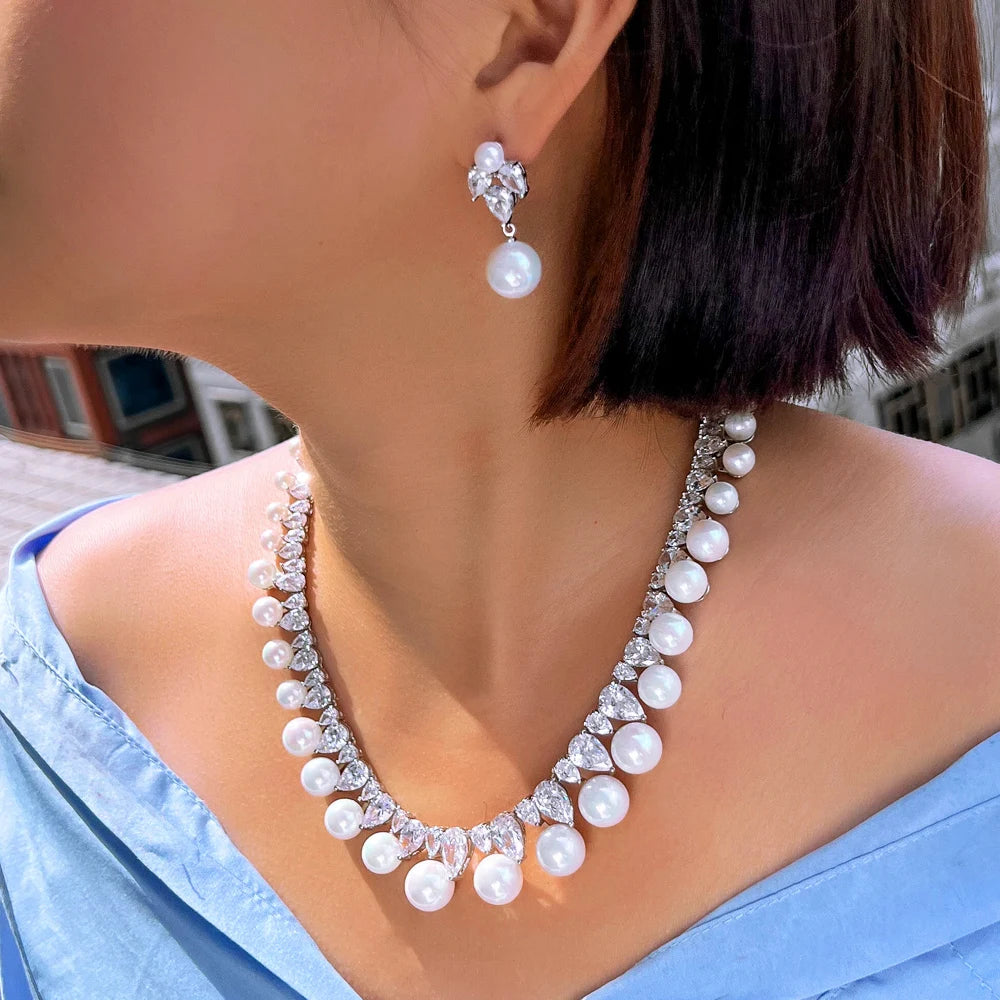 Bling Cubic Zirconia Big Simulated Pearl Necklace and Earrings Bridal Luxury Jewelry Set for Women Wedding Engagement Accessory