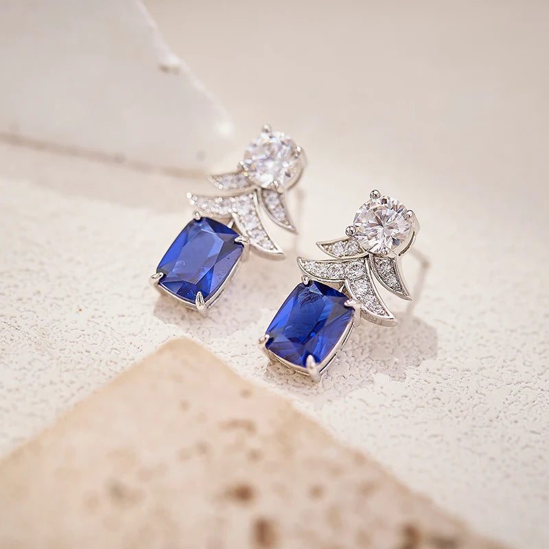 Cornflower Blue Zirconia Feather Shaped  Necklace Earrings 2-piece Set Skin Friendly Spring Buckle Design Women's Wedding Gift
