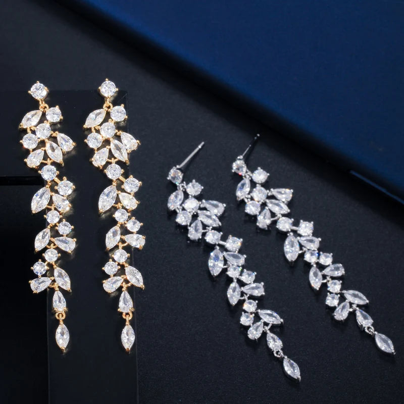 S&S CZ Crystal Leaf Drop Earrings – Marquise Cut – Rose Gold, Gold & Silver – Collection