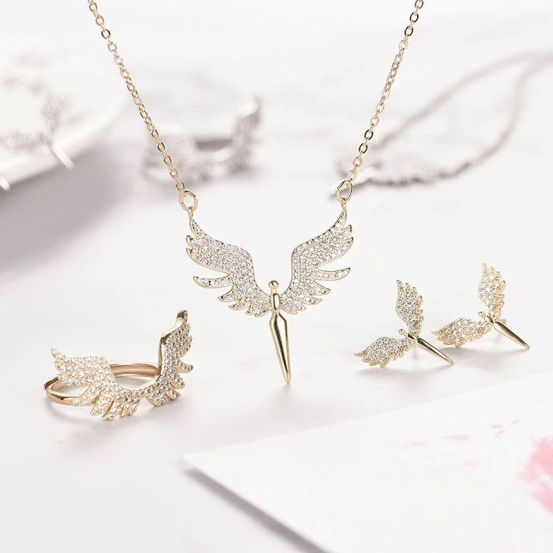 Copper Plated Angel Wings Jewelry Set for Women Full Inlaid Zircon Pendant Necklace Earrings Ring for Parties