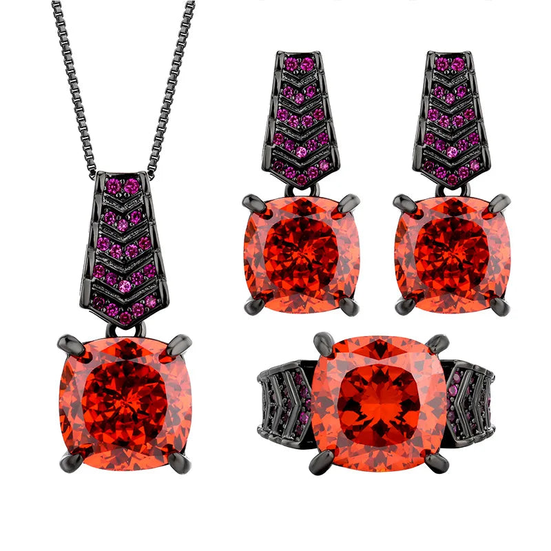 Gemfiori Fashionable Luxury Inlaid Orange Red Cubic Sugar Zircon Pendant Earrings Ring High-end Texture Set
