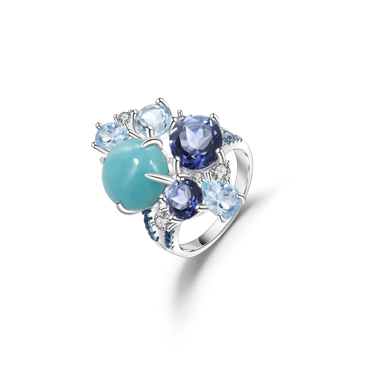ArtistA C7646 Abiding Delicate Mix Gemstone Amazonite Blue Topaz Mystic Quartz 925 Silver Earrings Ring Jewelry Set