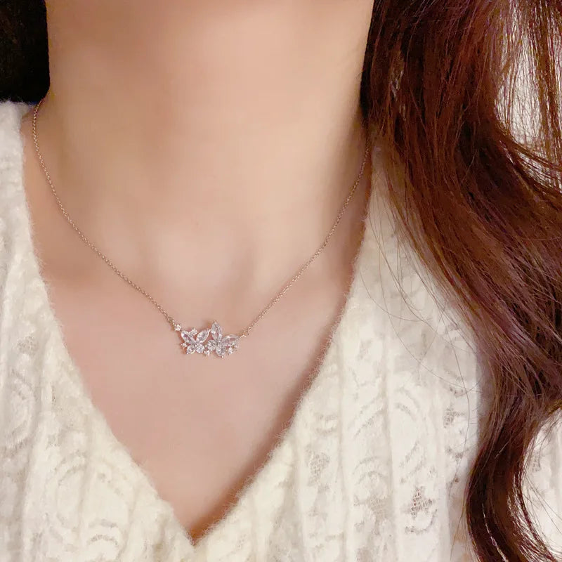 Top Quality  Fashion Exquisite Butterfly Necklace and Earrings Set with Zircon Classic Real Gold Plated Jewelry Set for Women