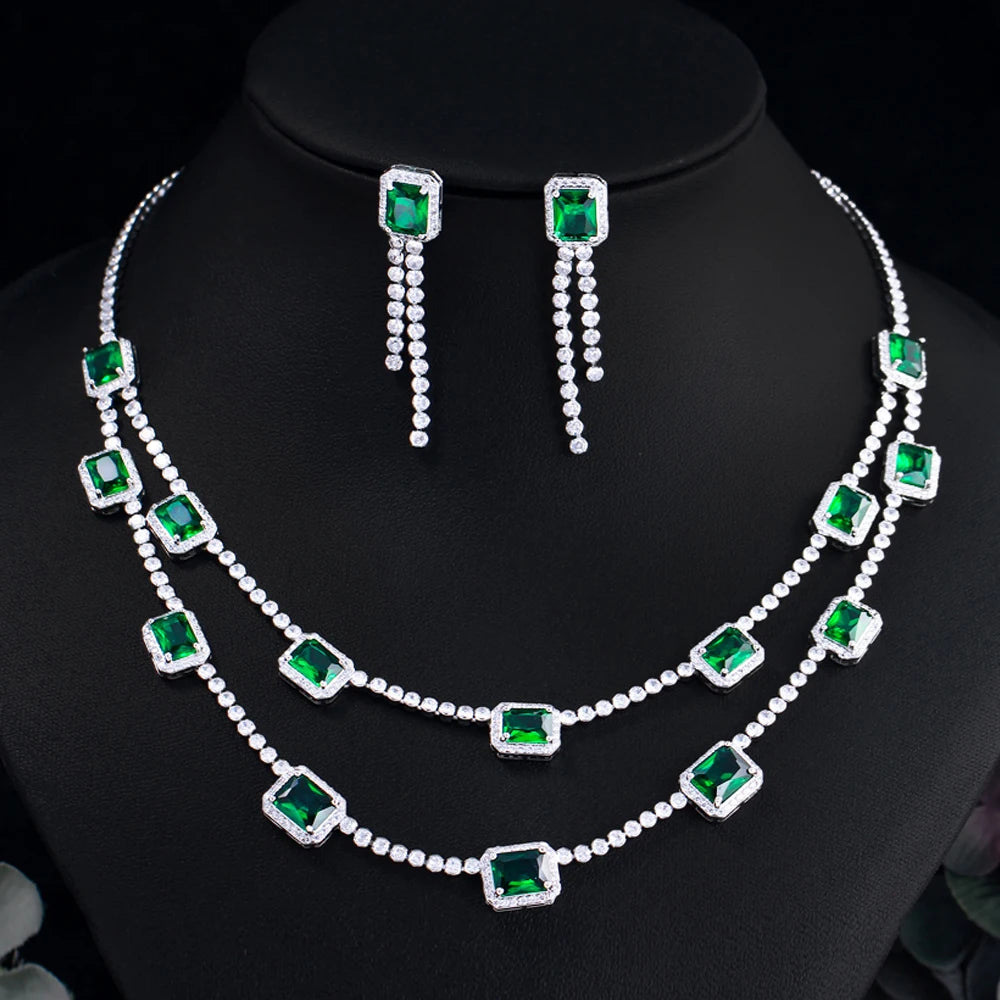 Generous Design Rectangle Cubic Zirconia Necklace and Earrings Set Wedding Bridal Party Green Jewelry Set for Women Accessories