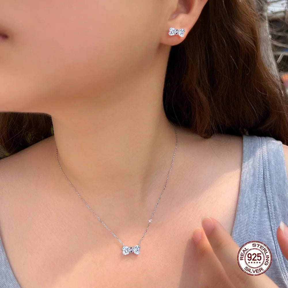Fine Jewelry 925 Sterling Silver Shiny White Heart CZ Cubic Zirconia Bowknot Shape Jewelry Set for Women Girls Daily Wear Gifts