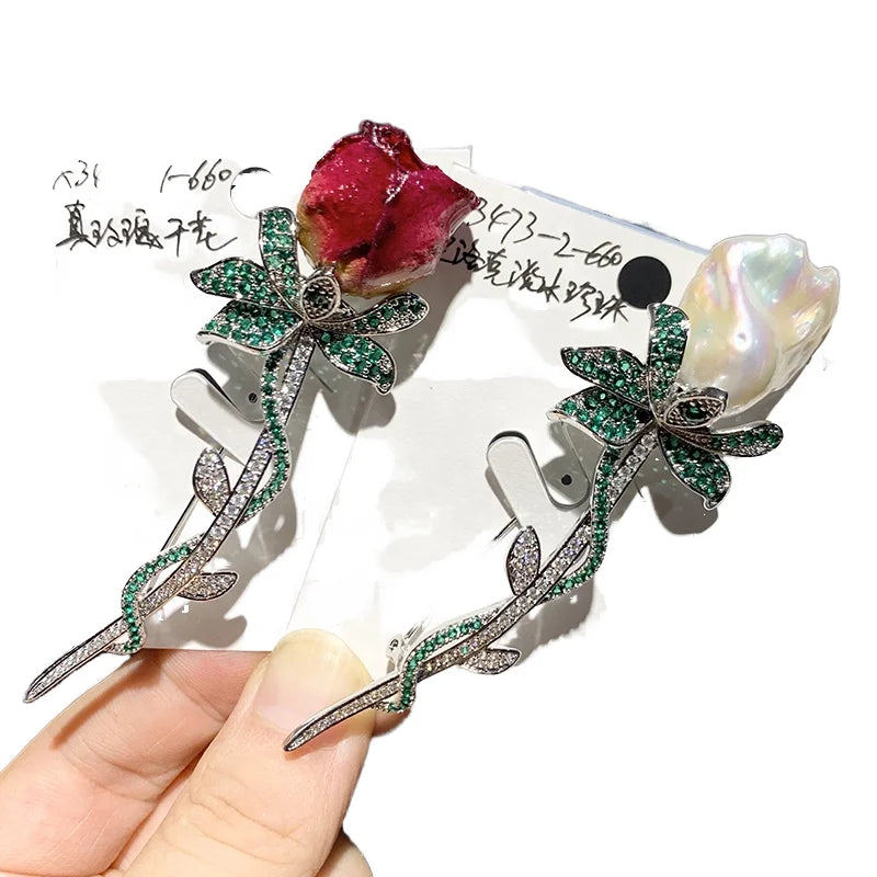 Clearance Sale 18K Gold Plated Copper Zircon Baroque Freshwater Pearl Rose Brooch Engagement Gift for Children's