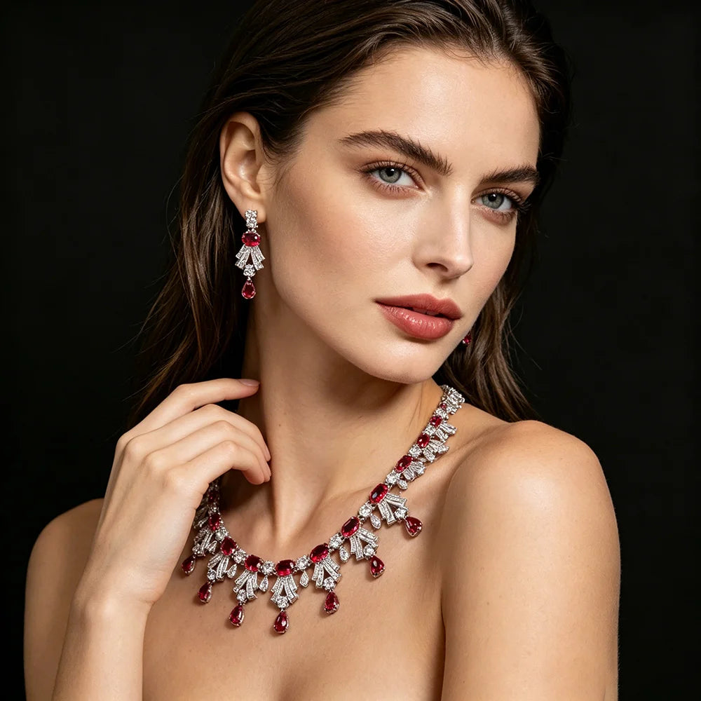 XM S314 Oval Cut Zircon Art Deco Statement Necklace & Drop Earrings Set