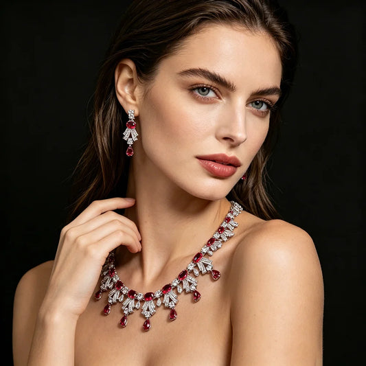 XM S314 Oval Cut Zircon Art Deco Statement Necklace & Drop Earrings Set