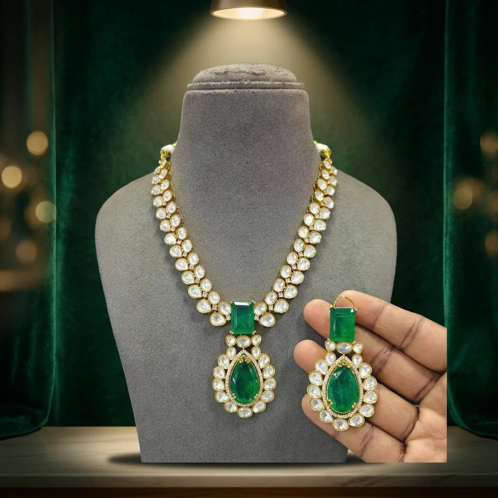 Elegant Emerald Pear Cut Gold Plated Necklace Earrings Set Marquise Cut Bezel Setting Bridal Wedding Party Jewelry Set